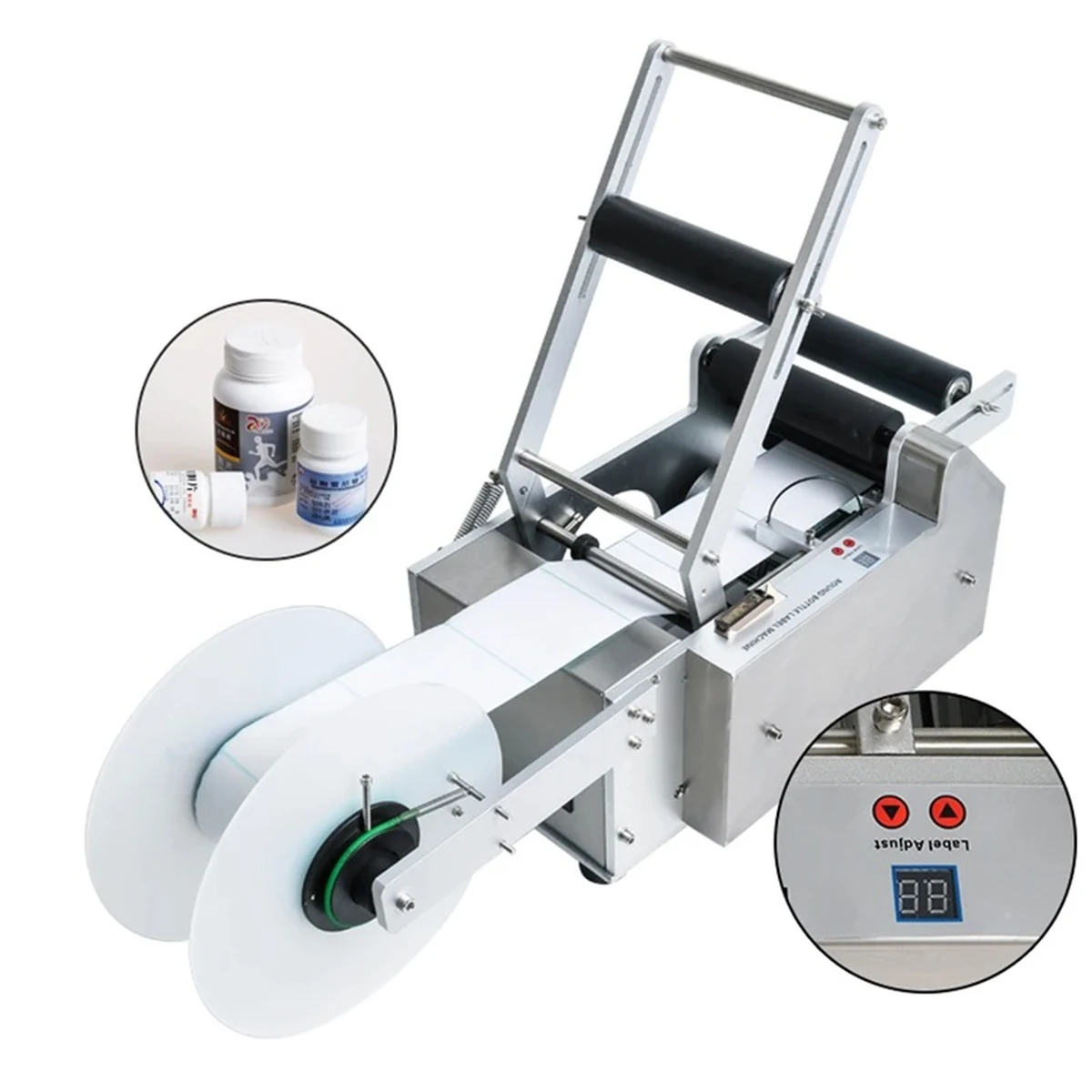 Semi-automatic round-container labeller for bottles and jars