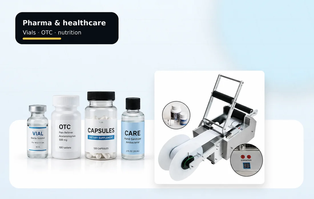 Pharmaceutical vials and healthcare bottles for wraparound labelling